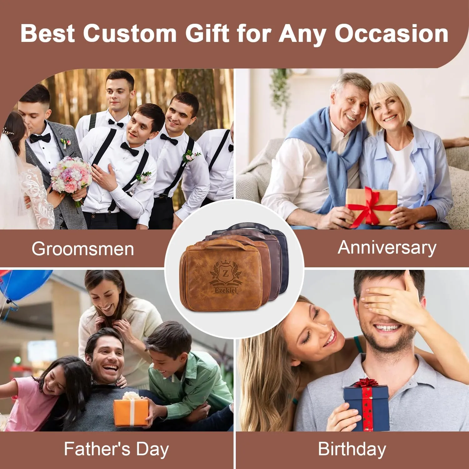 3-in-1 Large Personalized PU Leather Toiletry Bag For Men, Custom Groomsmen Gifts Hanging Travel Organizer Bag, Laser Engraved Name Monogram Shaving Kit Gift For Him Husband Father Dad Dop