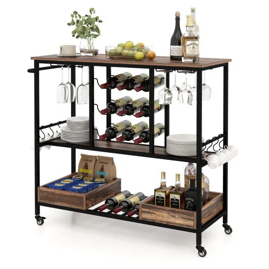 3 Tiers Bar Cart on Wheels with Glass Racks-Brown