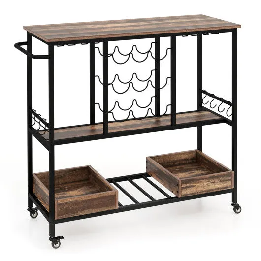 3 Tiers Bar Cart on Wheels with Glass Racks-Brown