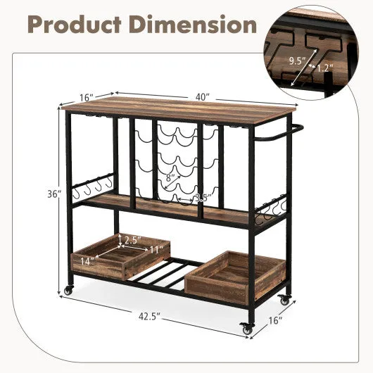 3 Tiers Bar Cart on Wheels with Glass Racks-Brown