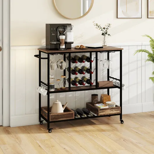 3 Tiers Bar Cart on Wheels with Glass Racks-Brown