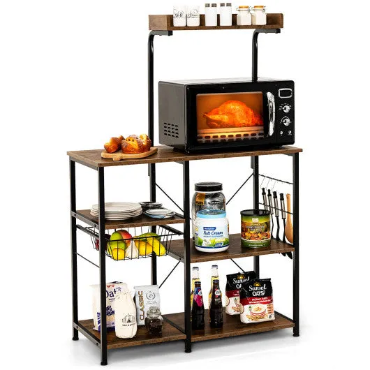 4-tier Kitchen Baker's Rack with Basket and 5 Hooks-Rustic Brown