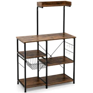 4-tier Kitchen Baker's Rack with Basket and 5 Hooks-Rustic Brown