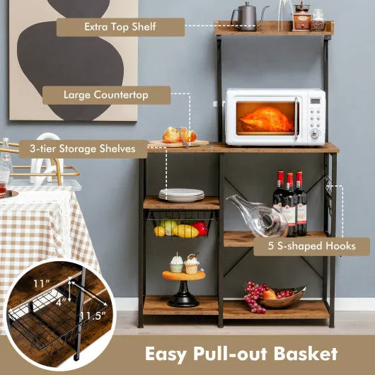 4-tier Kitchen Baker's Rack with Basket and 5 Hooks-Rustic Brown