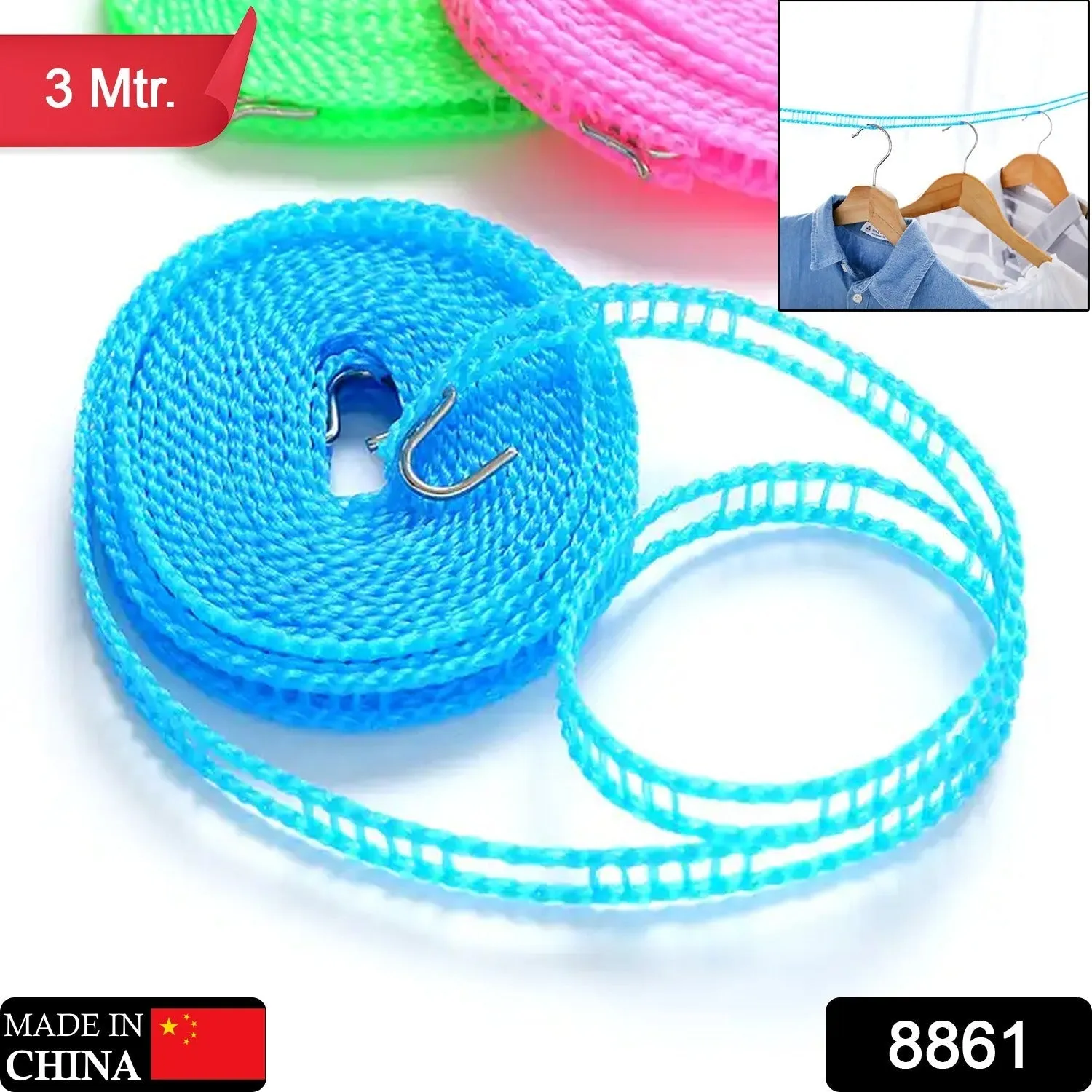 8861 3 Meters Windprood Anti-Slip Clothes Washing Line Drying Nylon Rope with Hooks, Durable Camping Clothesline Portable Clothes Drying Line Indoor Outdoor Laundry Storage for Travel Home Use (3 Mtr.)