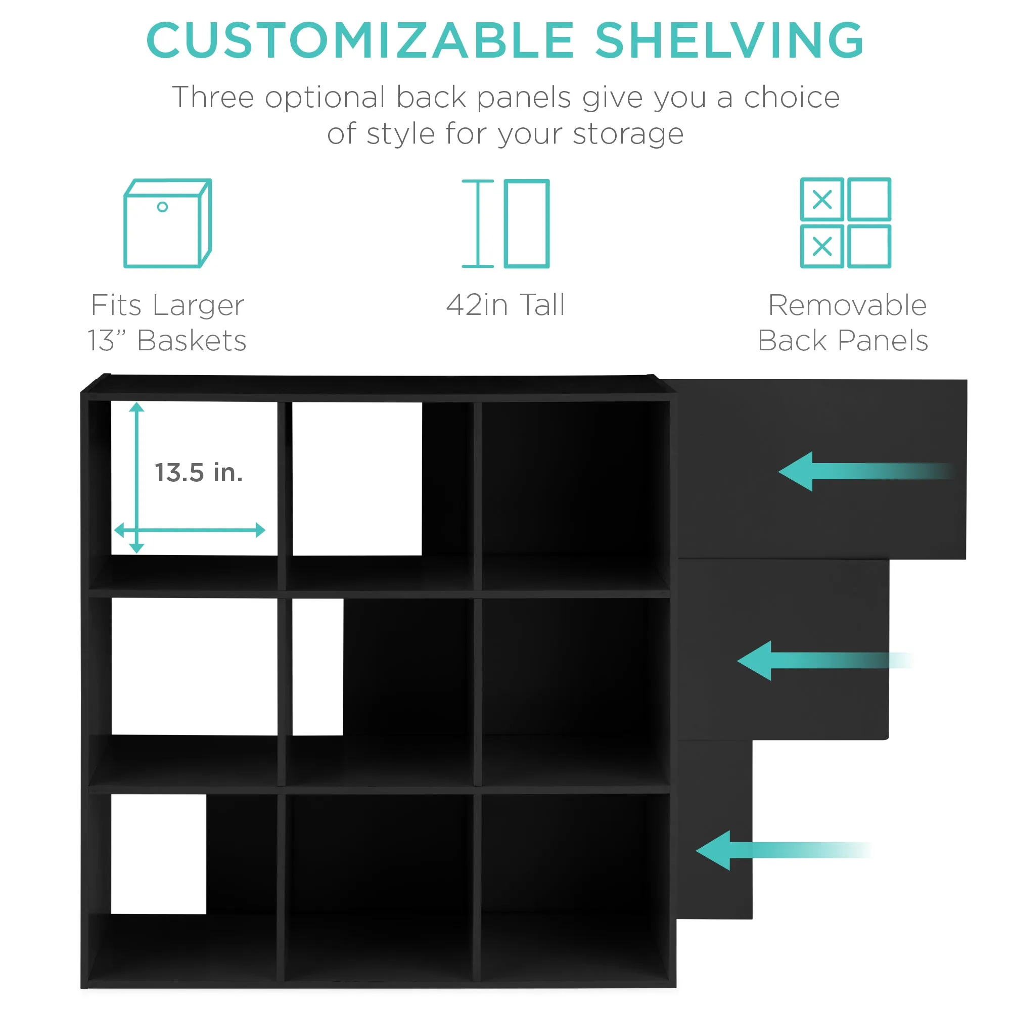 9-Cube Bookshelf, 13.5in Storage Display w/ Removable Panels, Customizable