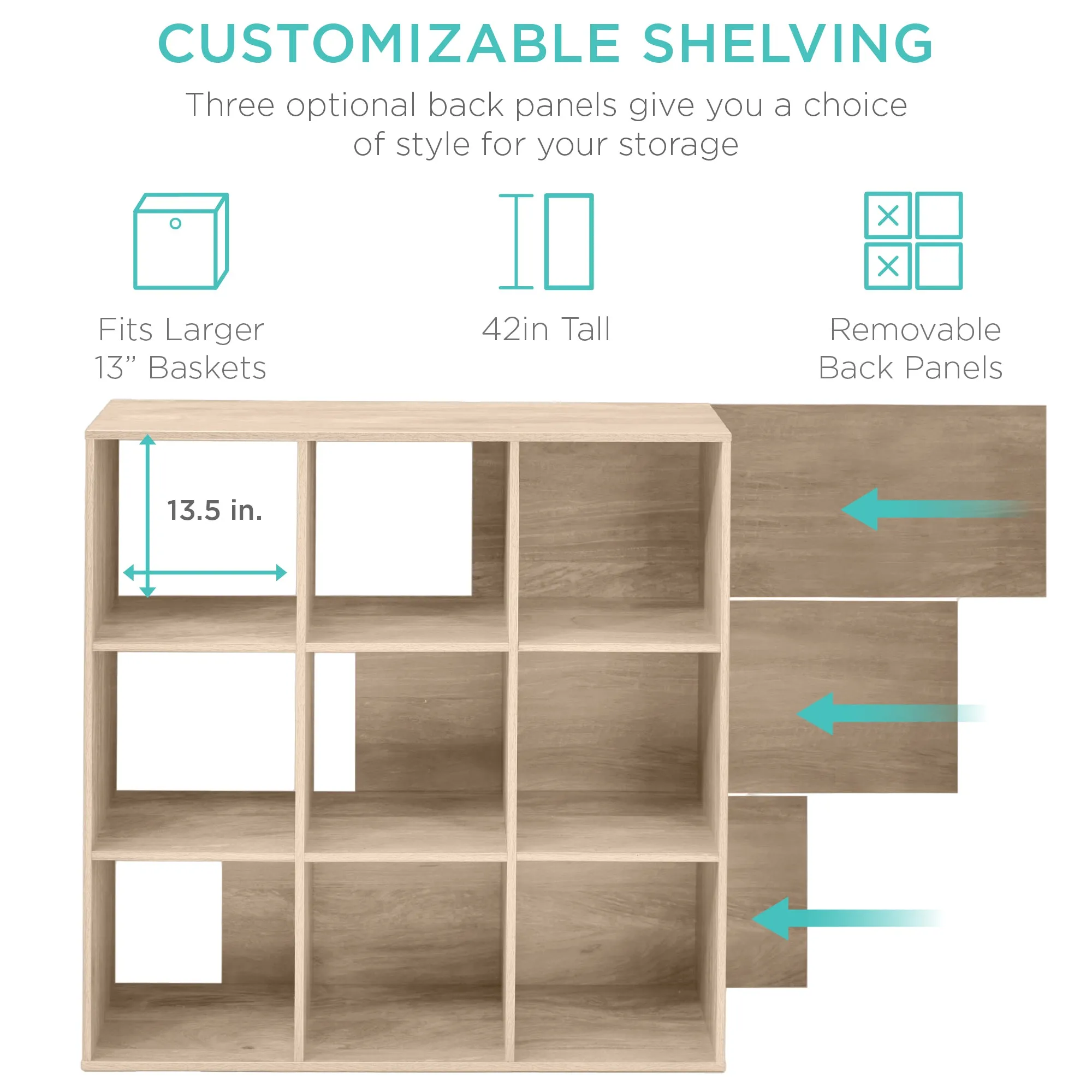 9-Cube Bookshelf, 13.5in Storage Display w/ Removable Panels, Customizable