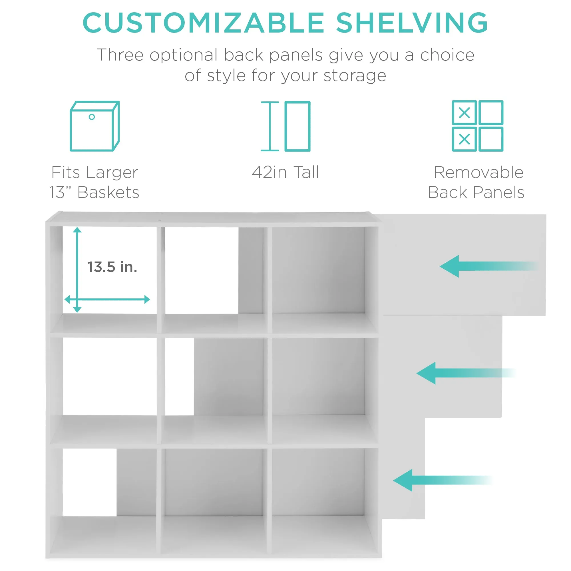 9-Cube Bookshelf, 13.5in Storage Display w/ Removable Panels, Customizable