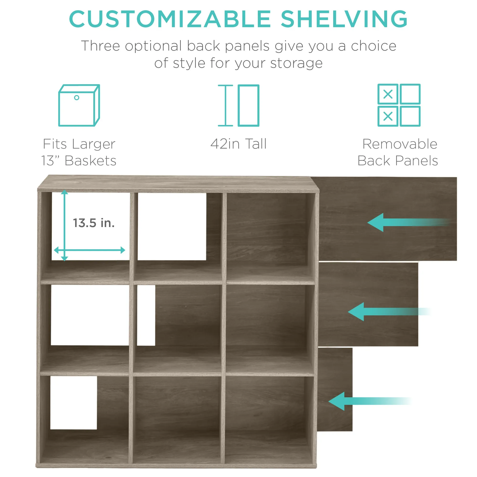 9-Cube Bookshelf, 13.5in Storage Display w/ Removable Panels, Customizable