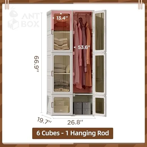 ANTBOX Portable Wardrobe Closet Storage Organizer for Clothes,Suitable for Living Room, Bedroom,Plastic Wardrobe with Magnetic Transparent Door and Easy Assembly 6 Cubes & 1 Hanging Rod