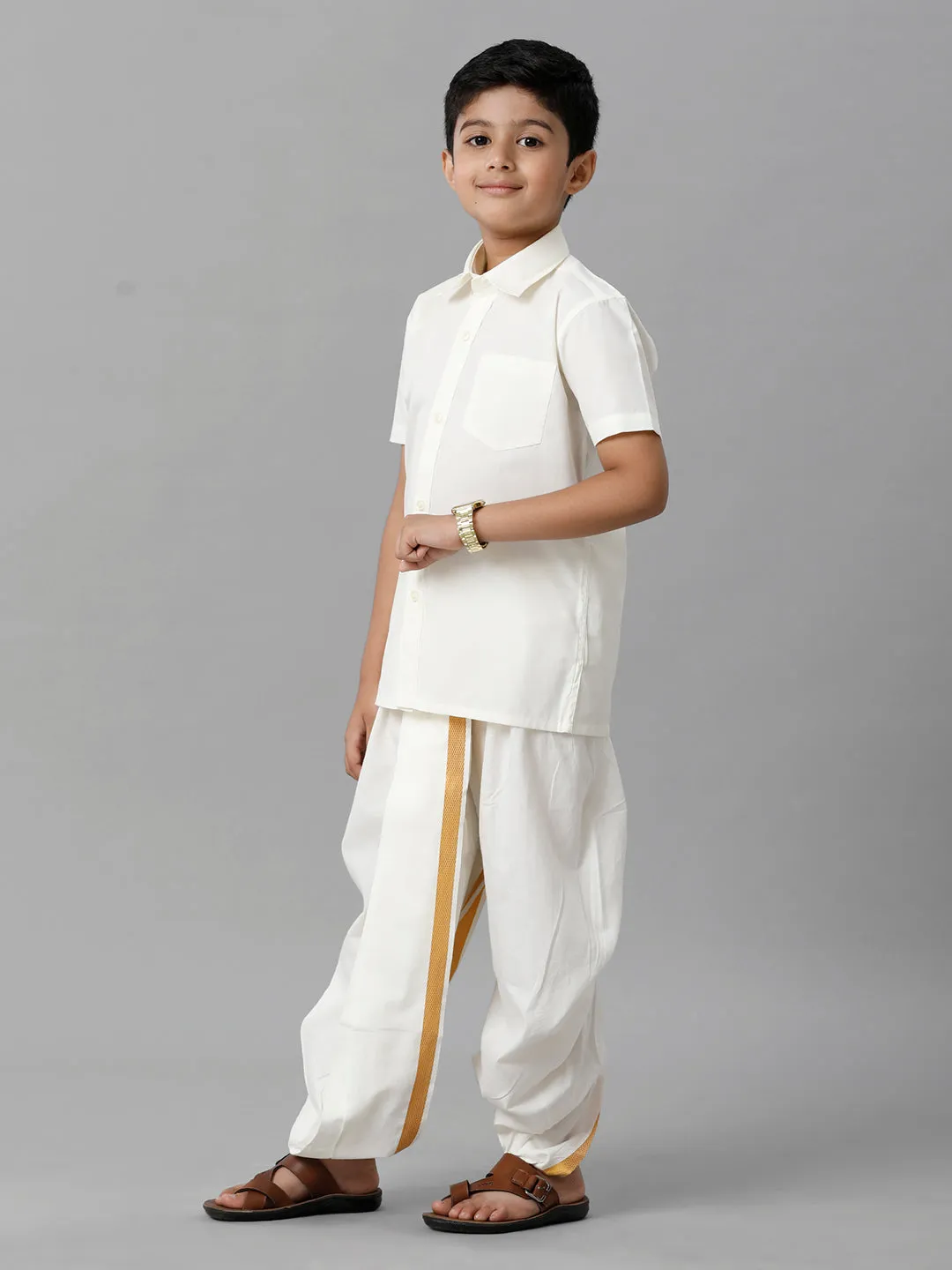 Boys Cotton Cream Half Sleeves Shirt Panchakacham Combo