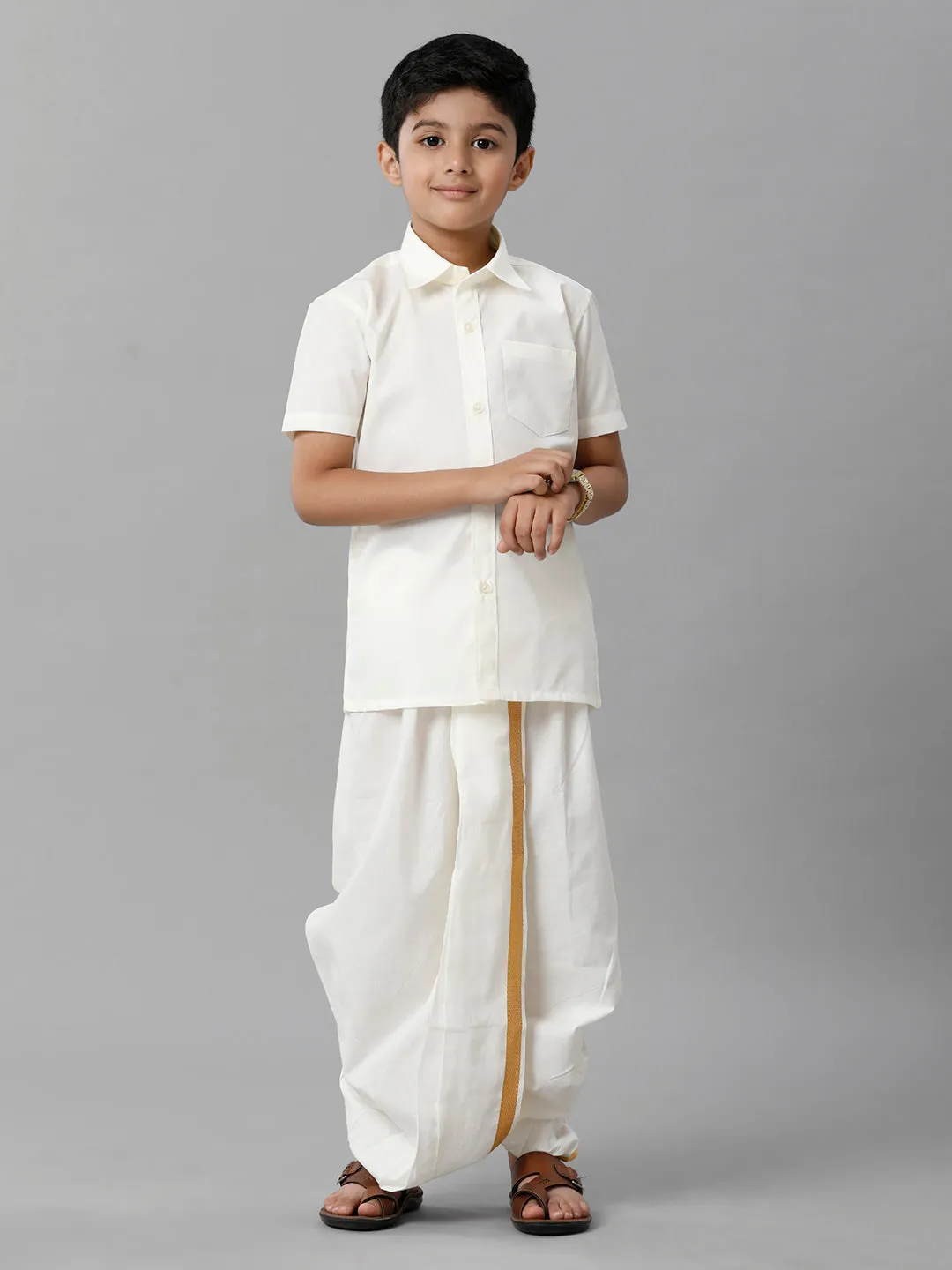 Boys Cotton Cream Half Sleeves Shirt Panchakacham Combo