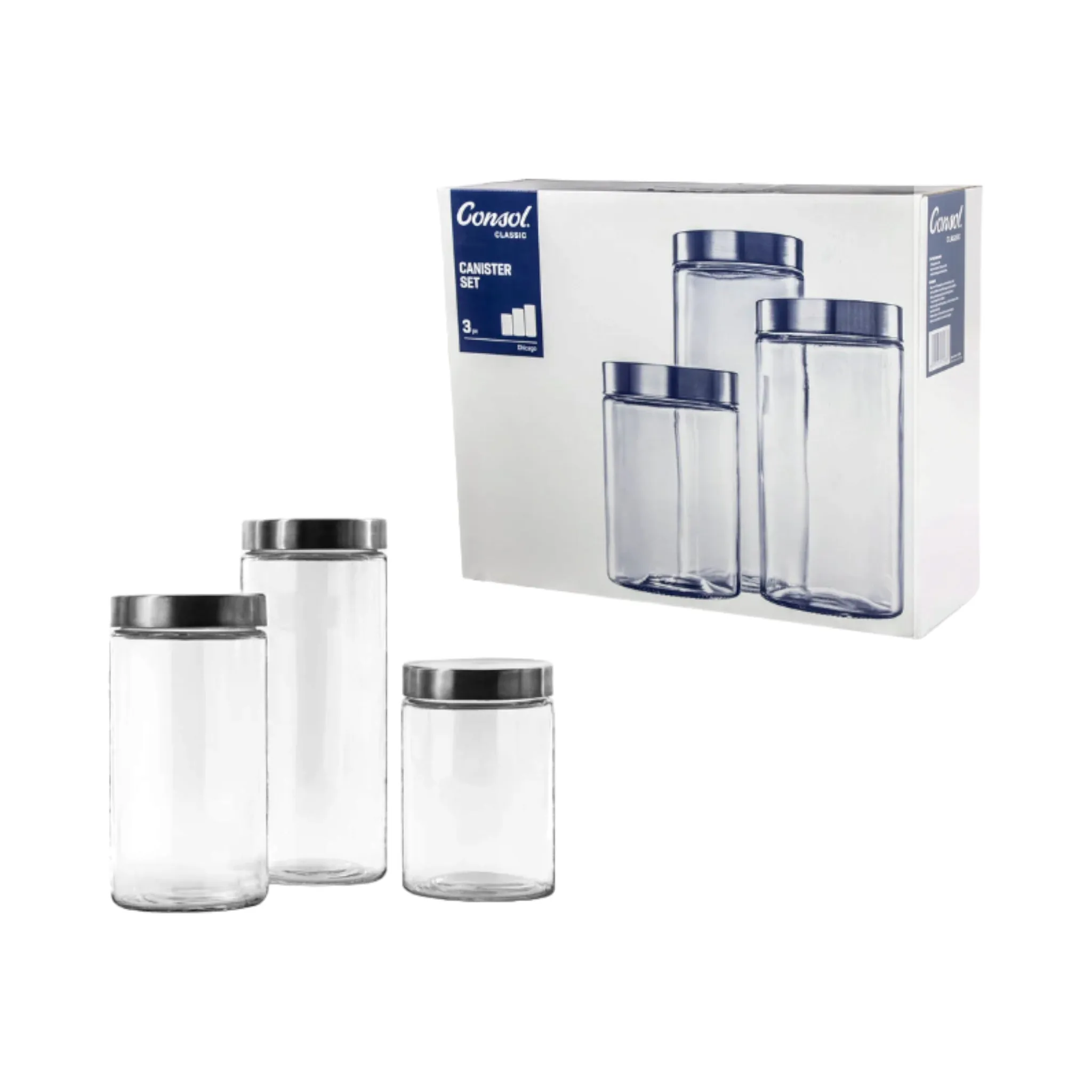 Consol Chicago Glass Canister 3pc Set with Stainless Steel Lid