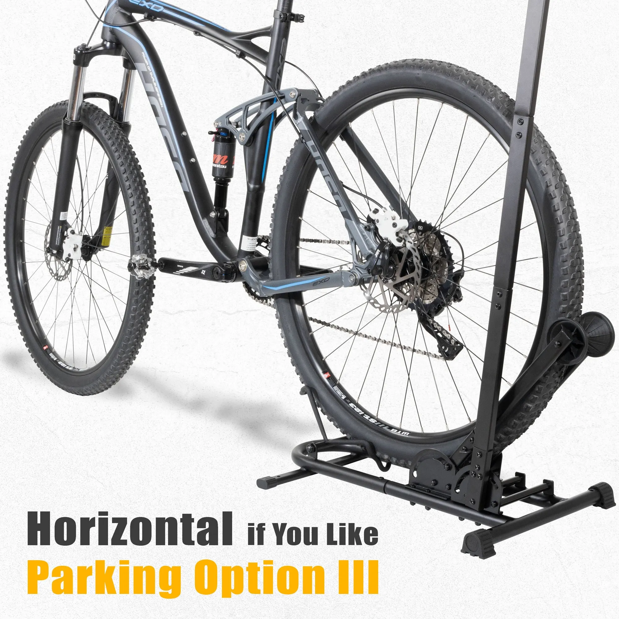 CyclingDeal Vertical Bike Floor Stand - Premium Quality Vertical & Horizontal Adjustable Bicycle Parking Rack - Store MTB Road Bikes Wheels Sizes up to 29"- with Stem Handlebar Stabilizer