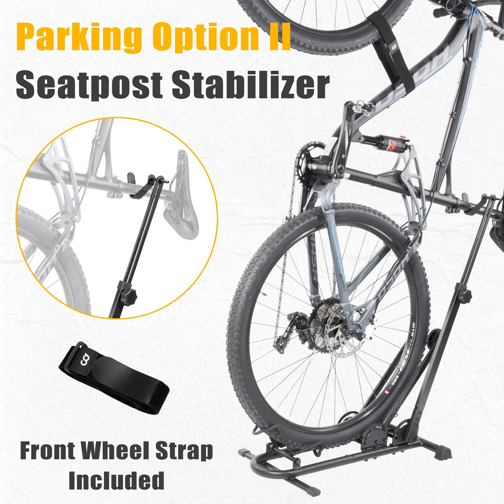 CyclingDeal Vertical Bike Floor Stand - Premium Quality Vertical & Horizontal Adjustable Bicycle Parking Rack - Store MTB Road Bikes Wheels Sizes up to 29"- with Stem Handlebar Stabilizer