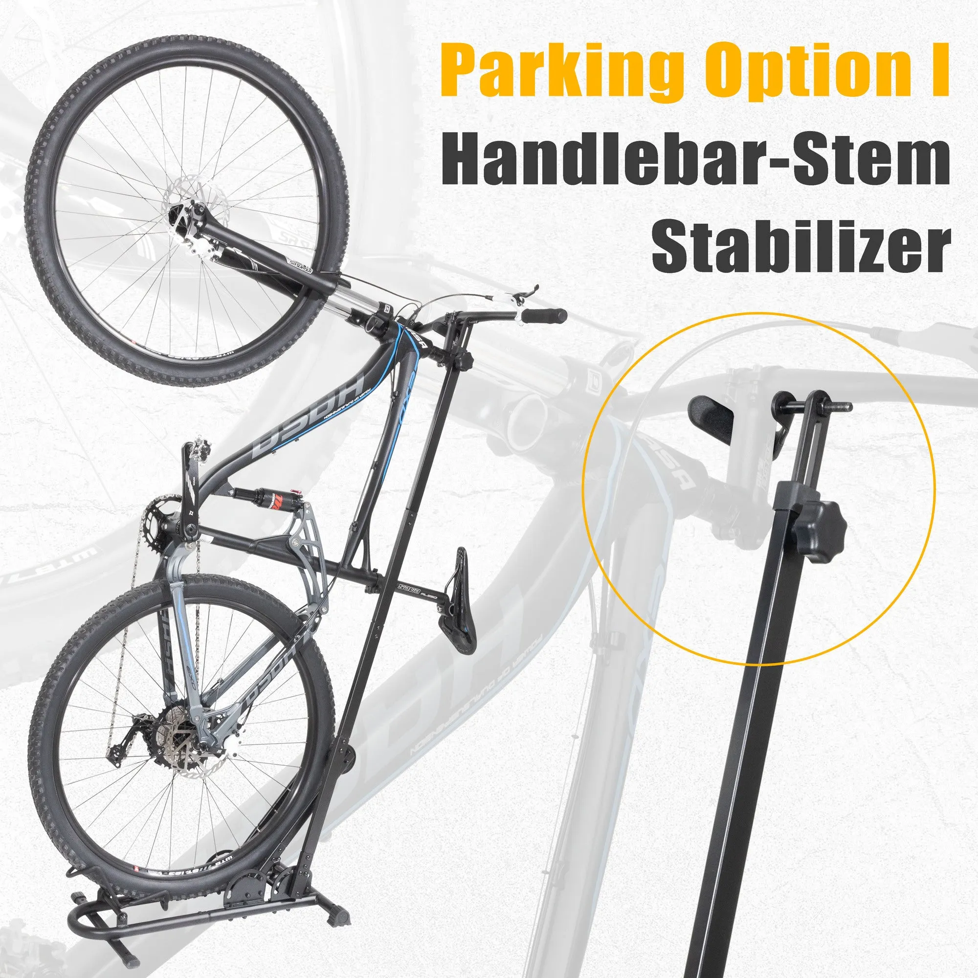 CyclingDeal Vertical Bike Floor Stand - Premium Quality Vertical & Horizontal Adjustable Bicycle Parking Rack - Store MTB Road Bikes Wheels Sizes up to 29"- with Stem Handlebar Stabilizer