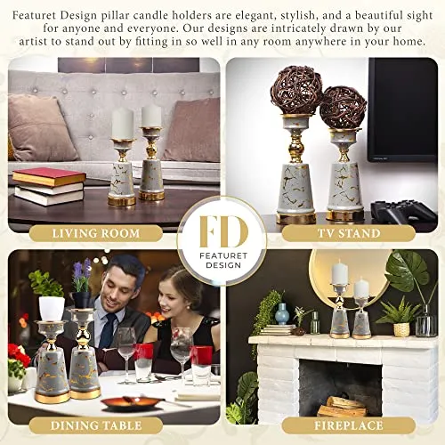 Featuret Design Gray and Gold Pillar Candle Holders Set of 2 - Elegant Decorative Stands for Table Centerpiece