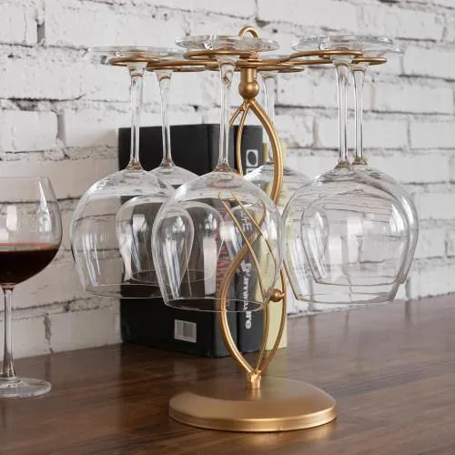 Gold Tone Metal Tabletop Wine Glass Storage Rack, Scroll-work Design