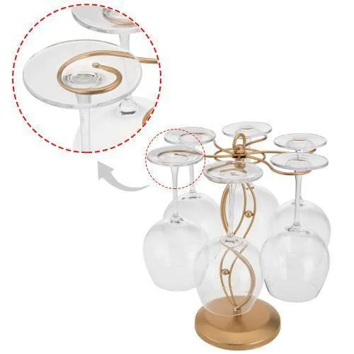 Gold Tone Metal Tabletop Wine Glass Storage Rack, Scroll-work Design