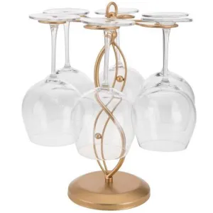 Gold Tone Metal Tabletop Wine Glass Storage Rack, Scroll-work Design