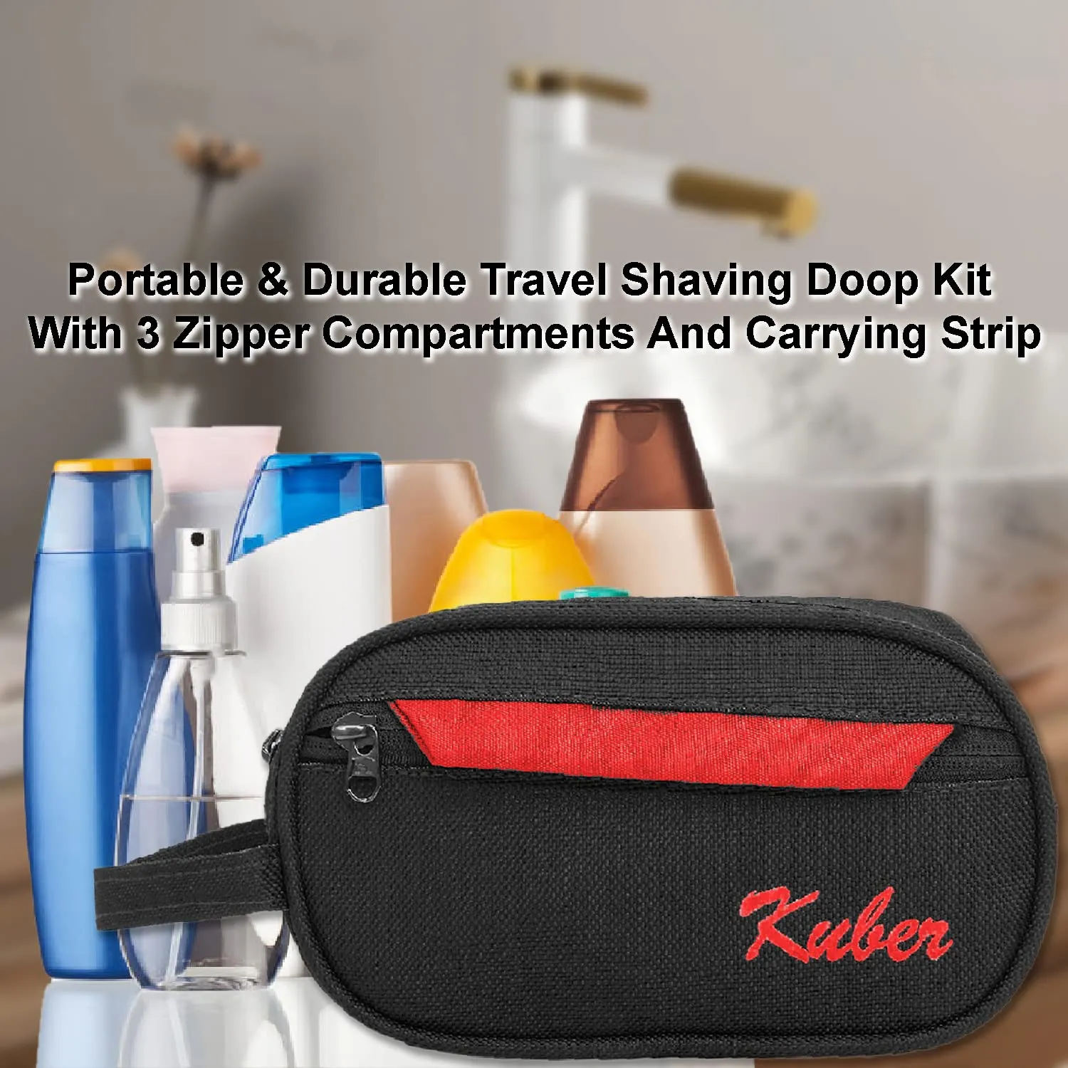 Heart Home Canvas Toiletry Organizer|Portable & Durable Carrying Strip Travel Shaving Doop Kit with 2 Zipper ComparMants and Fornt Zipper (Black)