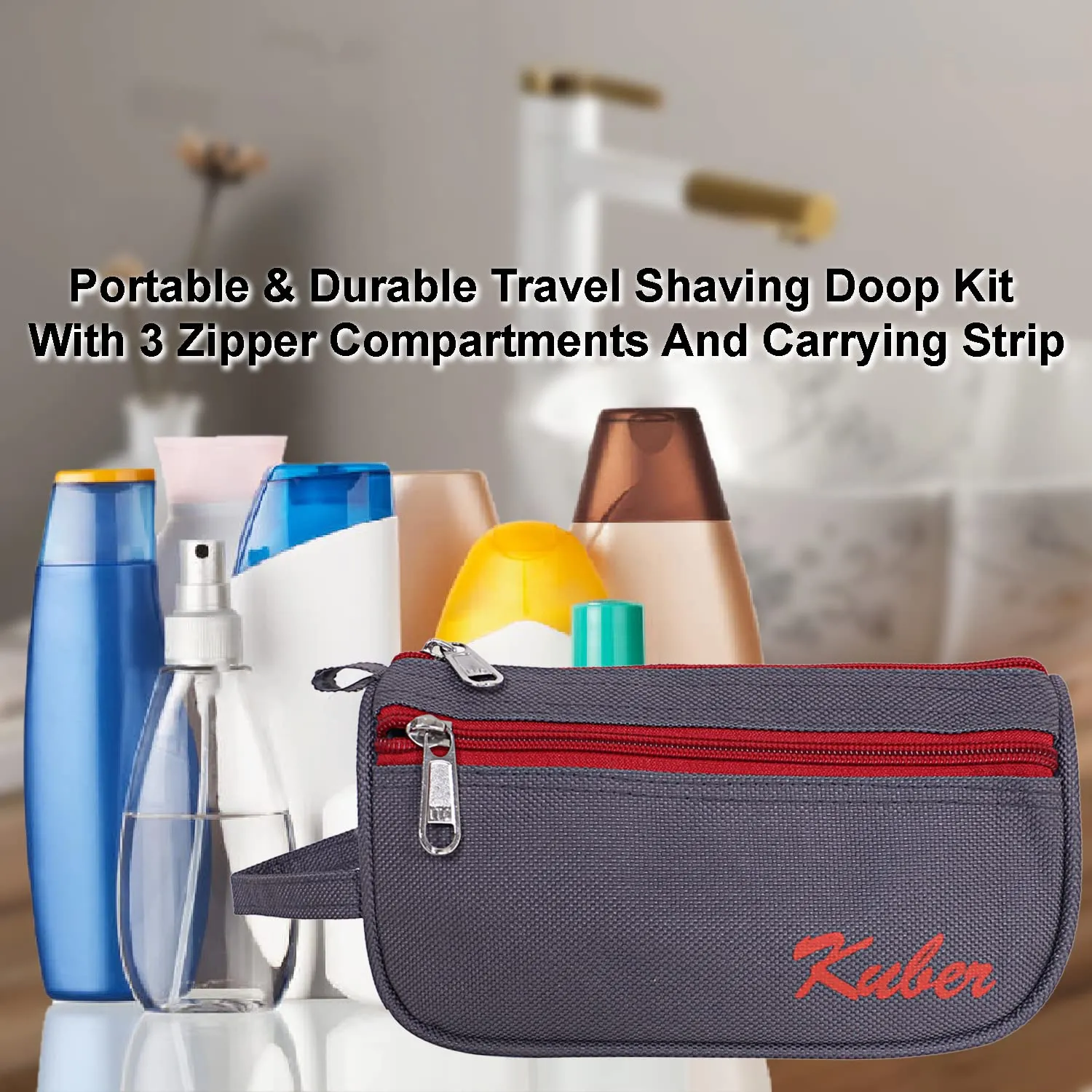 Heart Home Canvas Toiletry Organizer|Portable & Durable Travel Shaving Doop Kit with Fornt Zipper and Carrying Strip, Pack of 2 (Gray)