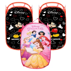 Heart Home Laundry Basket | Disney Mickey & Princess Net Foldable Laundry | Nylon Storage Basket with Handle | Toy Storage Basket | 30 LTR | Pack of 3 | Multicolor