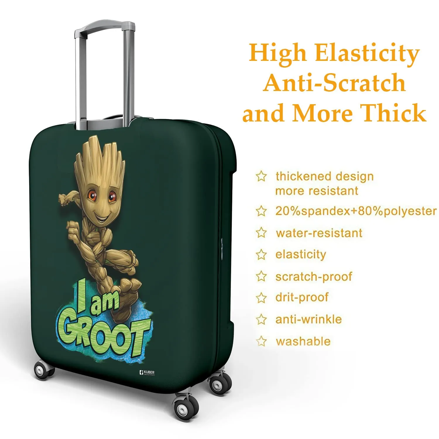 Heart Home Marvel I Am Groot Luggage Cover | Polyester Travel Suitcase Cover | Washable | Stretchable Suitcase Cover | 22-26 Inch-Medium | 26-30 Inch-Large | Pack of 2 | Green