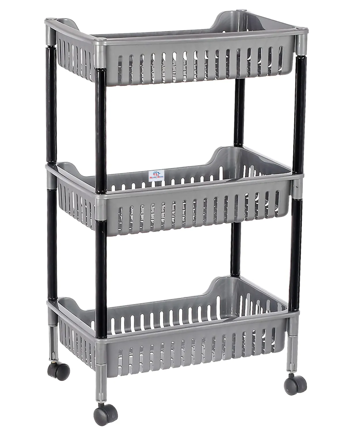 Heart Home Multiuses 3 Tier Square Plastic Storage Cart Organizer for Kitchen Laundry Room Bathroom Office With Wheels (Grey) -46HH0562