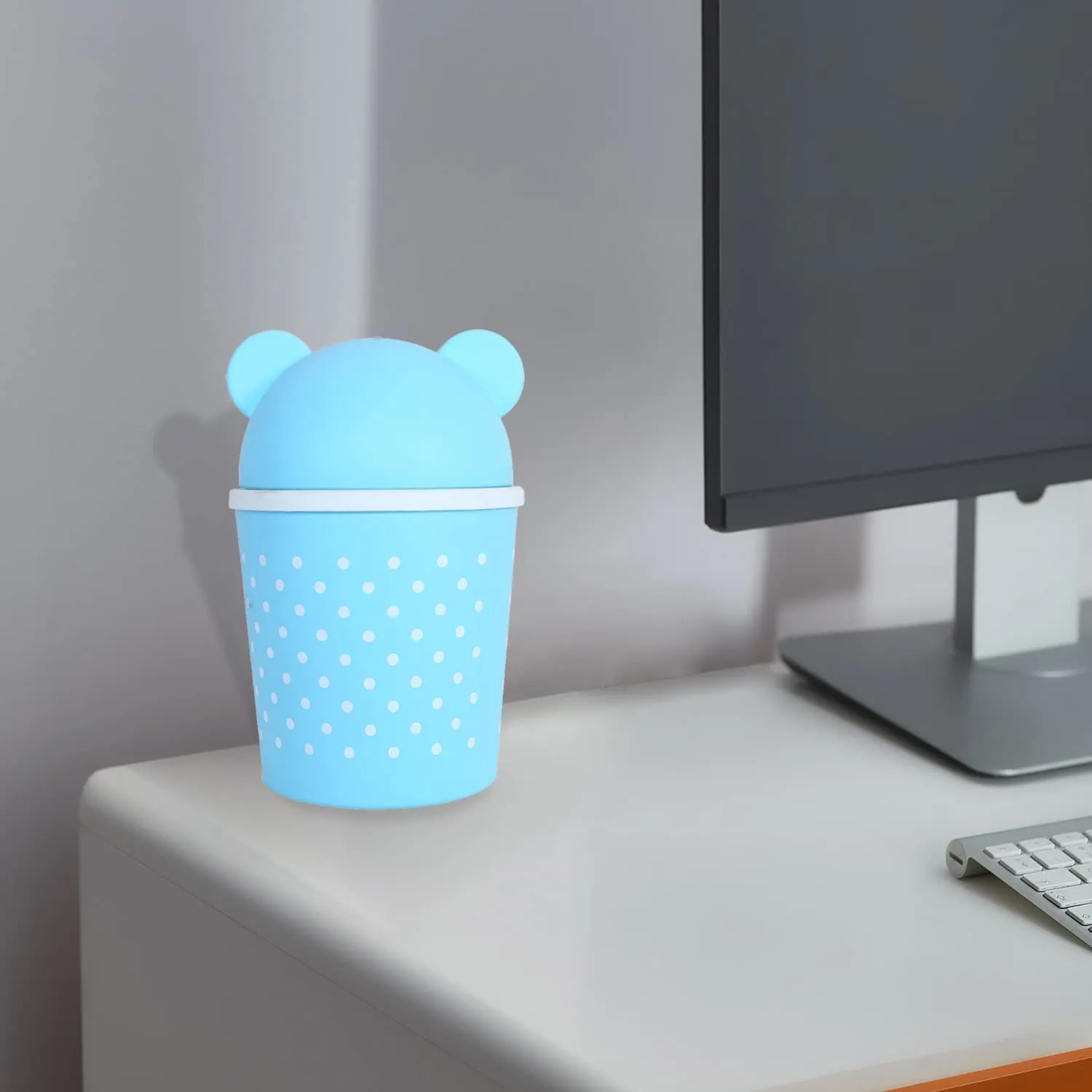 Heart Home Teddy Table Dustbin|Plastic Swinging Lid Waste Storage Garbage Bin|Desktop Trash Can For Study Table, Office(Sky Blue)