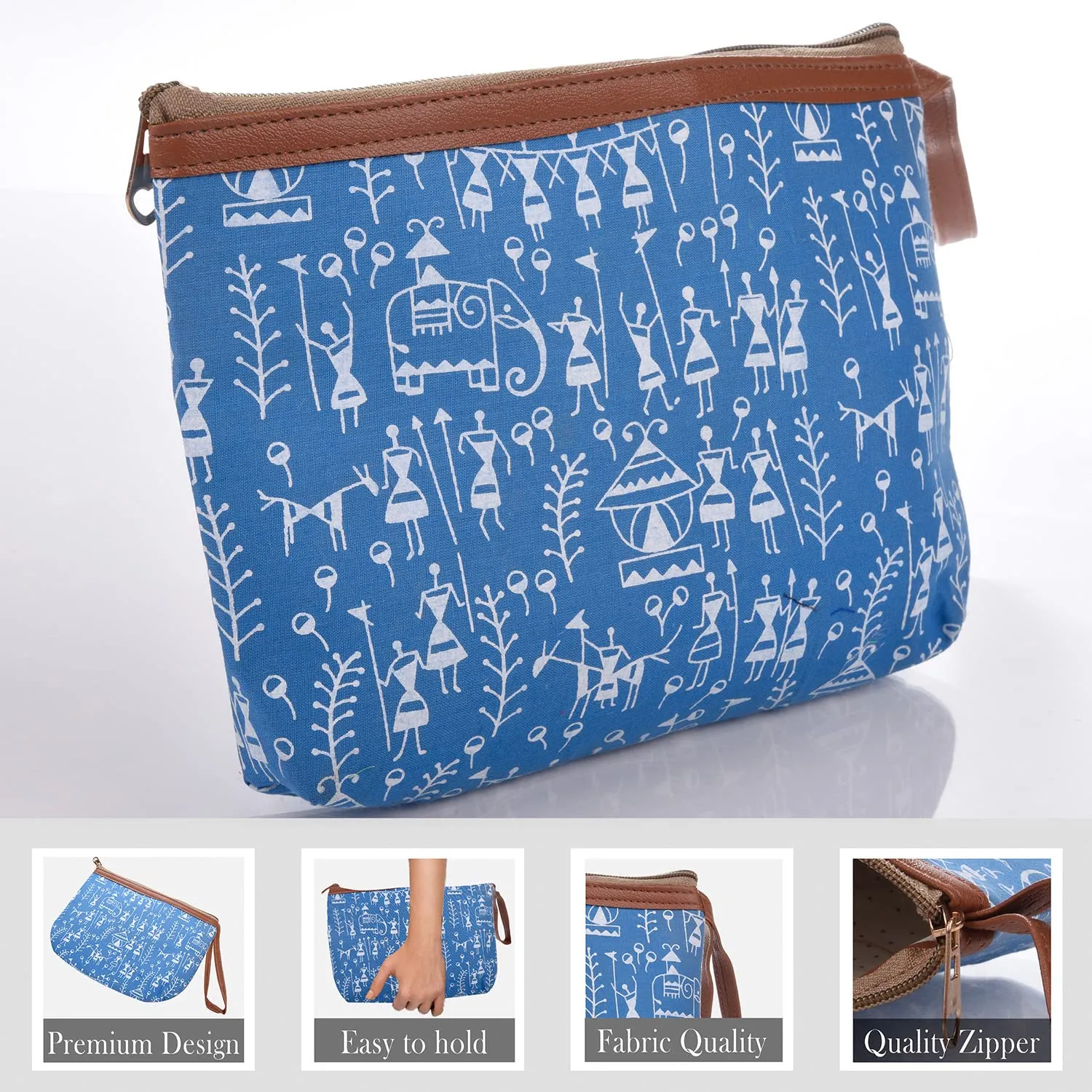 Heart Home Toiletry Pouch|Warli Print Travel Cosmetic Pouch|Canvas Waterproof Makeup Pouch with Handle (Blue)