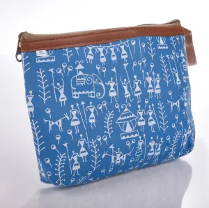 Heart Home Toiletry Pouch|Warli Print Travel Cosmetic Pouch|Canvas Waterproof Makeup Pouch with Handle (Blue)