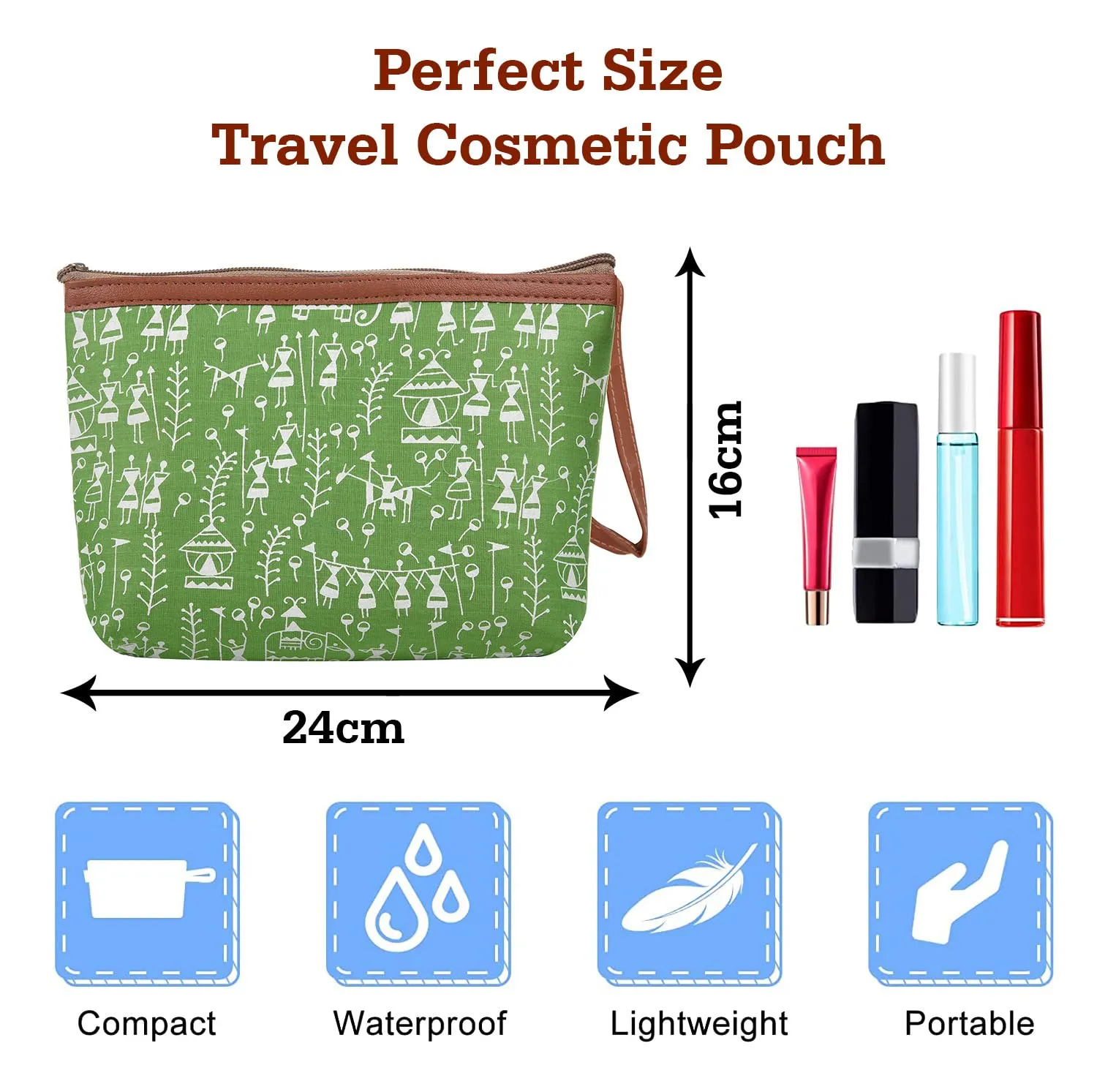 Heart Home Toiletry Pouch|Warli Print Travel Cosmetic Pouch|Canvas Waterproof Makeup Pouch with Handle (Green)