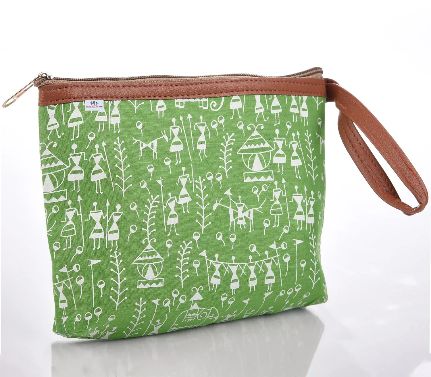 Heart Home Toiletry Pouch|Warli Print Travel Cosmetic Pouch|Canvas Waterproof Makeup Pouch with Handle (Green)