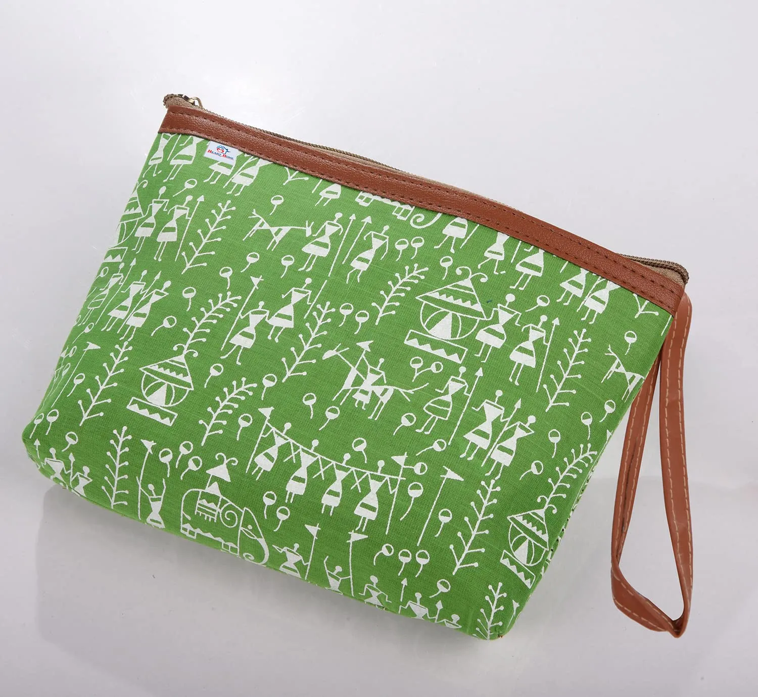 Heart Home Toiletry Pouch|Warli Print Travel Cosmetic Pouch|Canvas Waterproof Makeup Pouch with Handle (Green)