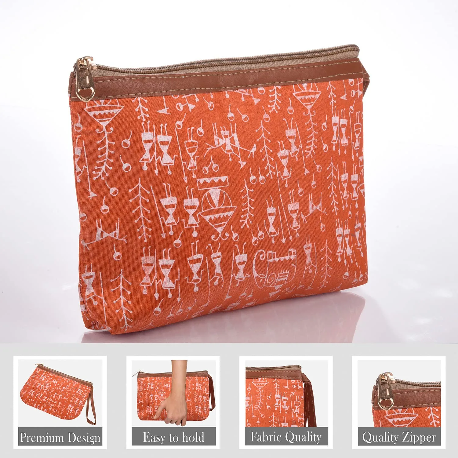 Heart Home Toiletry Pouch|Warli Print Travel Cosmetic Pouch|Canvas Waterproof Makeup Pouch with Handle (Orange)