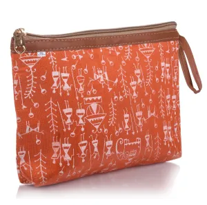 Heart Home Toiletry Pouch|Warli Print Travel Cosmetic Pouch|Canvas Waterproof Makeup Pouch with Handle (Orange)