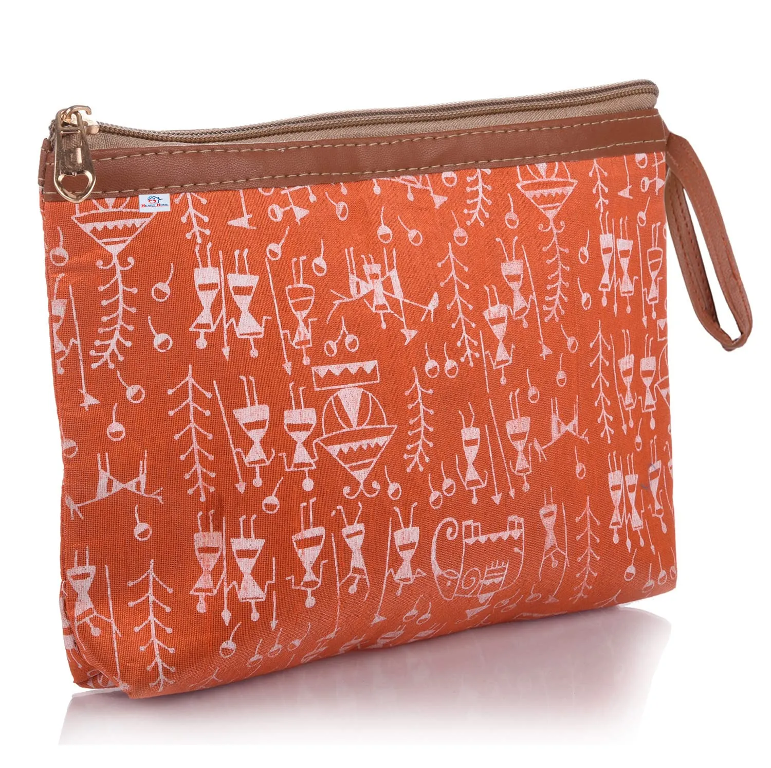 Heart Home Toiletry Pouch|Warli Print Travel Cosmetic Pouch|Canvas Waterproof Makeup Pouch with Handle (Orange)