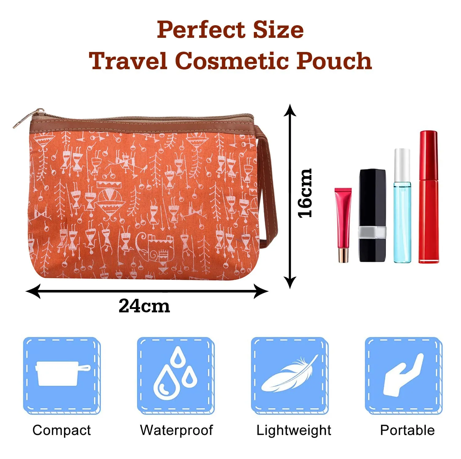 Heart Home Toiletry Pouch|Warli Print Travel Cosmetic Pouch|Canvas Waterproof Makeup Pouch with Handle (Orange)