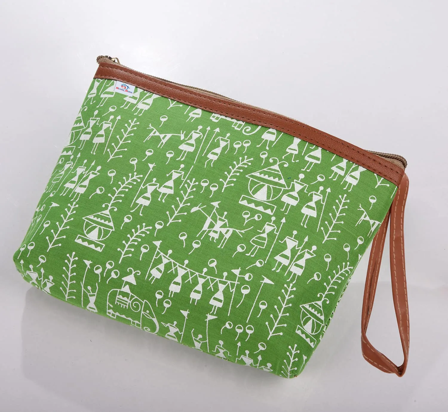 Heart Home Toiletry Pouch|Warli Print Travel Cosmetic Pouch|Canvas Waterproof Makeup Pouch with Handle|Pack of 2 (Green)