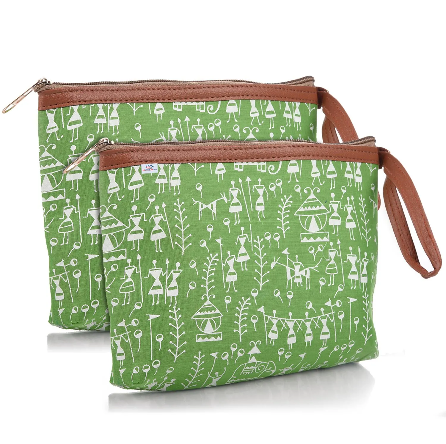 Heart Home Toiletry Pouch|Warli Print Travel Cosmetic Pouch|Canvas Waterproof Makeup Pouch with Handle|Pack of 2 (Green)