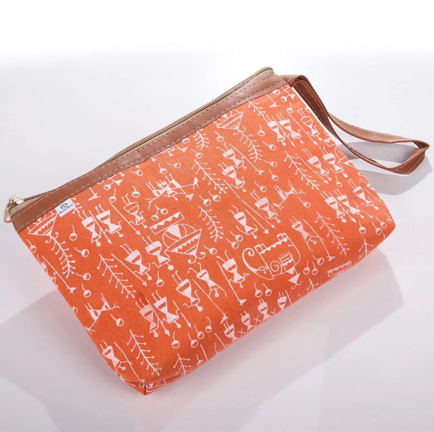 Heart Home Toiletry Pouch|Warli Print Travel Cosmetic Pouch|Canvas Waterproof Makeup Pouch with Handle|Pack of 4 (Orange)