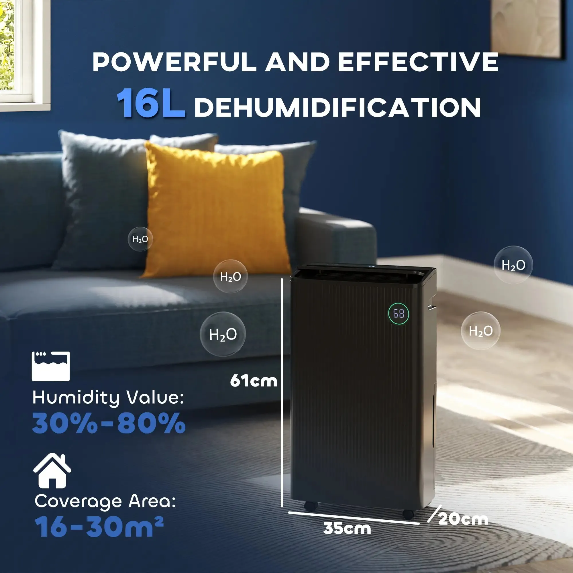 HOMCOM 16L/Day Portable Dehumidifier with Air Purifier