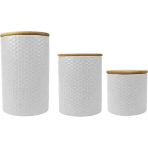 Home Basics 3 Piece Ceramic Canister Set with Bamboo Lids, Honeycomb White