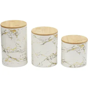 Home Basics 3 Piece Ceramic Canister Set with Bamboo Lids, Marble White