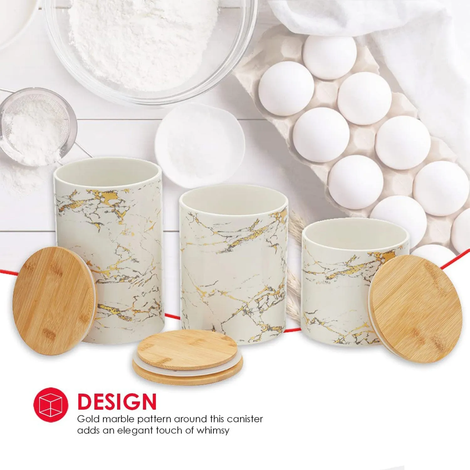 Home Basics 3 Piece Ceramic Canister Set with Bamboo Lids, Marble White