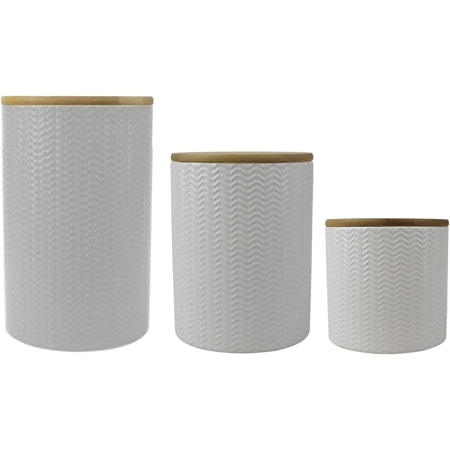 Home Basics 3 Piece Ceramic Canister Set with Bamboo Lids, Wave White