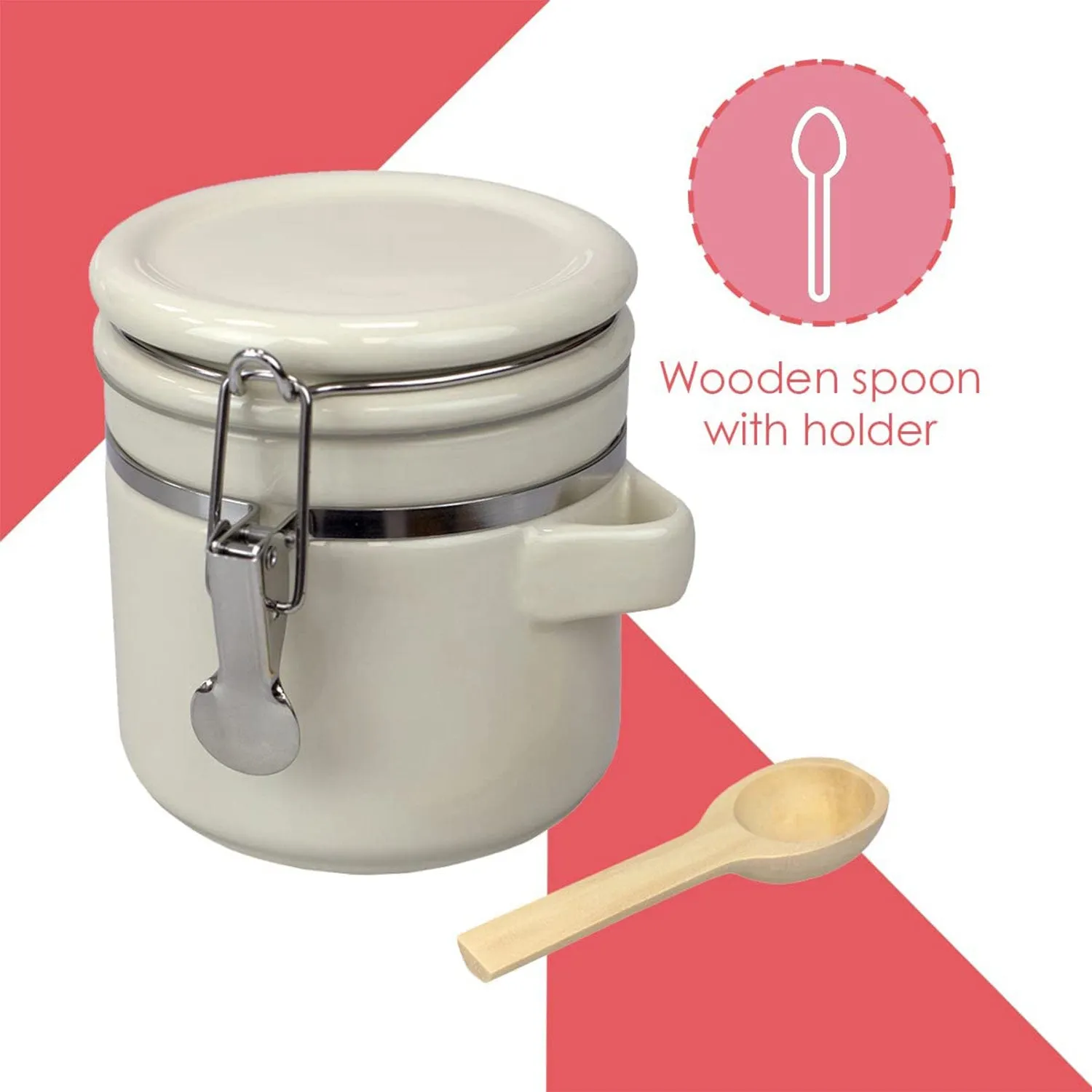 Home Basics 4 Piece Ceramic Canisters with Air-Tight Clamp Lid and Wooden Spoons, Beige