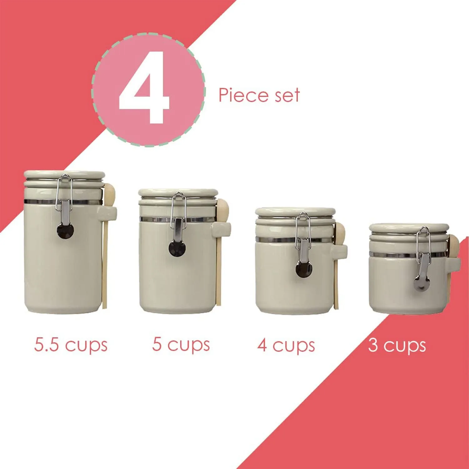 Home Basics 4 Piece Ceramic Canisters with Air-Tight Clamp Lid and Wooden Spoons, Beige