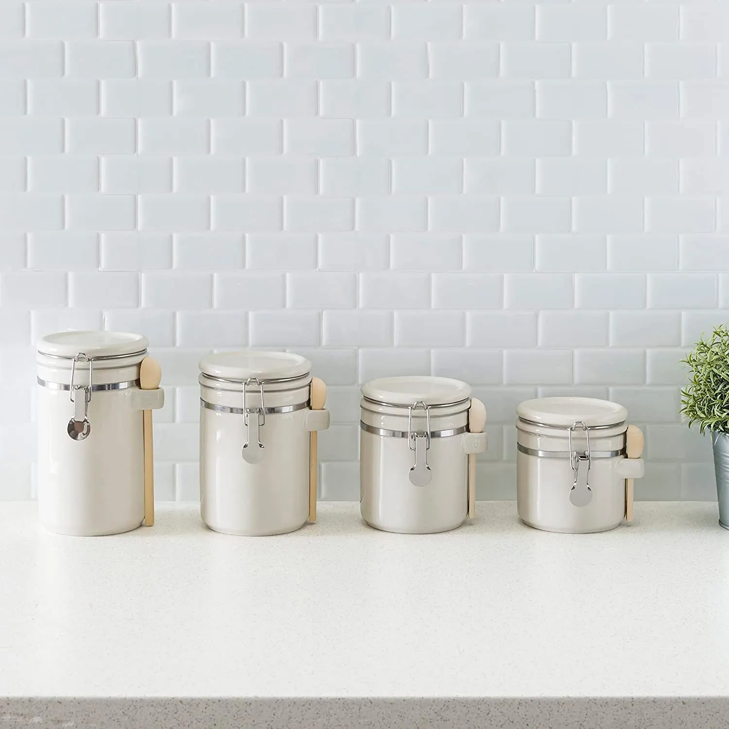 Home Basics 4 Piece Ceramic Canisters with Air-Tight Clamp Lid and Wooden Spoons, Beige